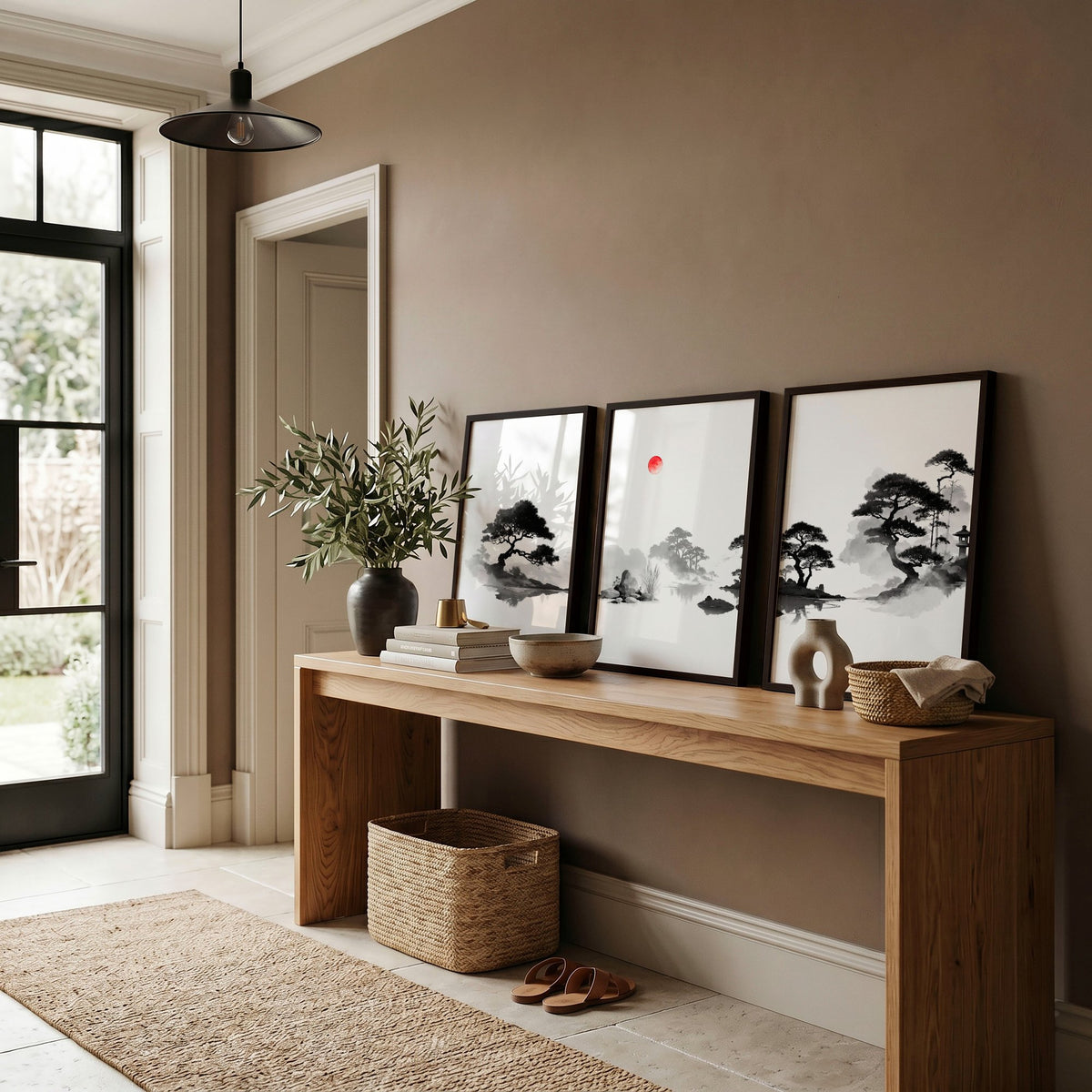 Art Landscape Painting Japanese Ink Wash Black White Red Sun Zen displayed on a wall in a styled room — view 10
