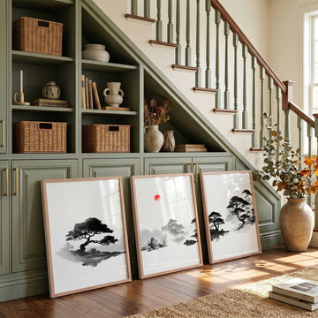 Art Landscape Painting Japanese Ink Wash Black White Red Sun Zen displayed on a wall in a styled room — view 2