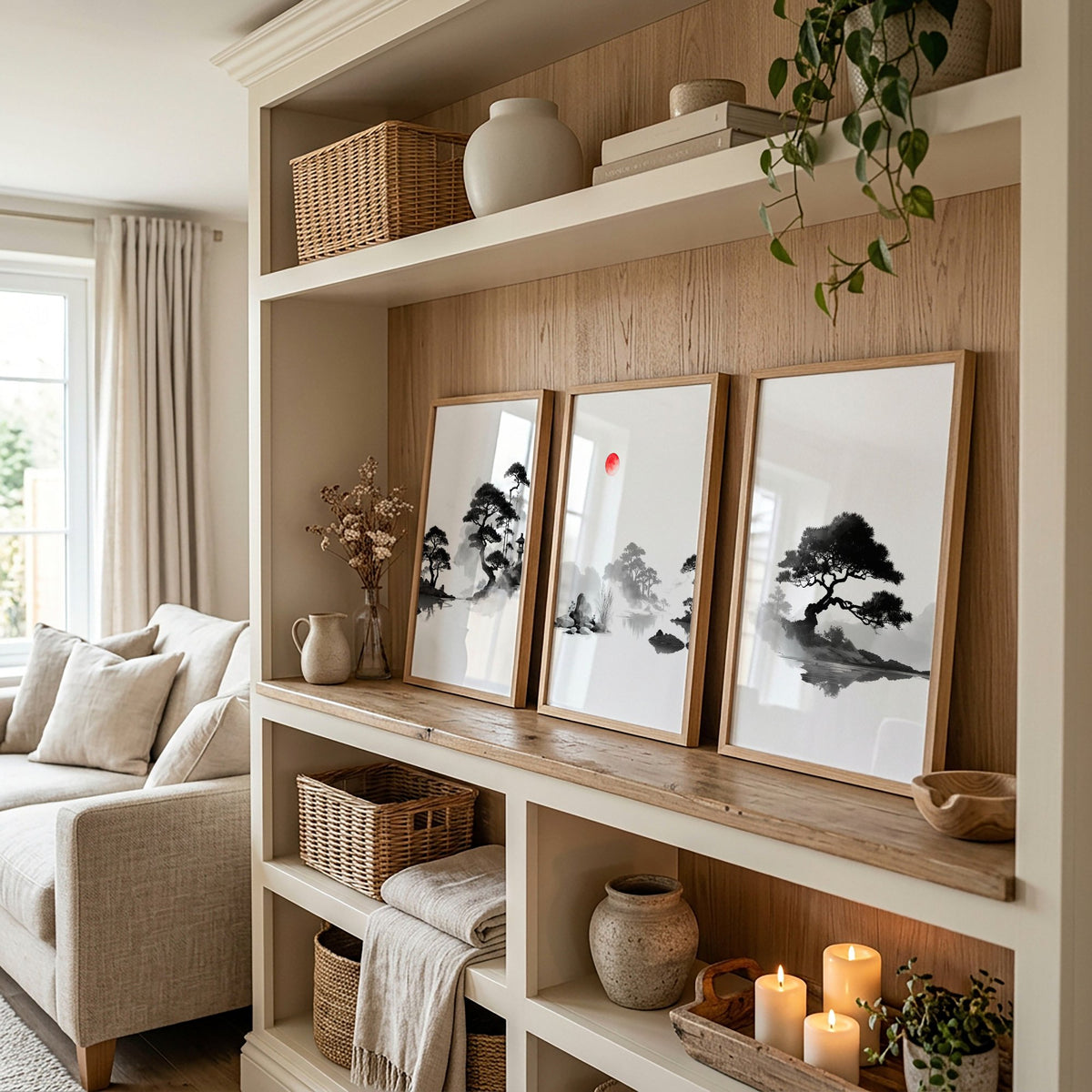 Art Landscape Painting Japanese Ink Wash Black White Red Sun Zen displayed on a wall in a styled room — view 3
