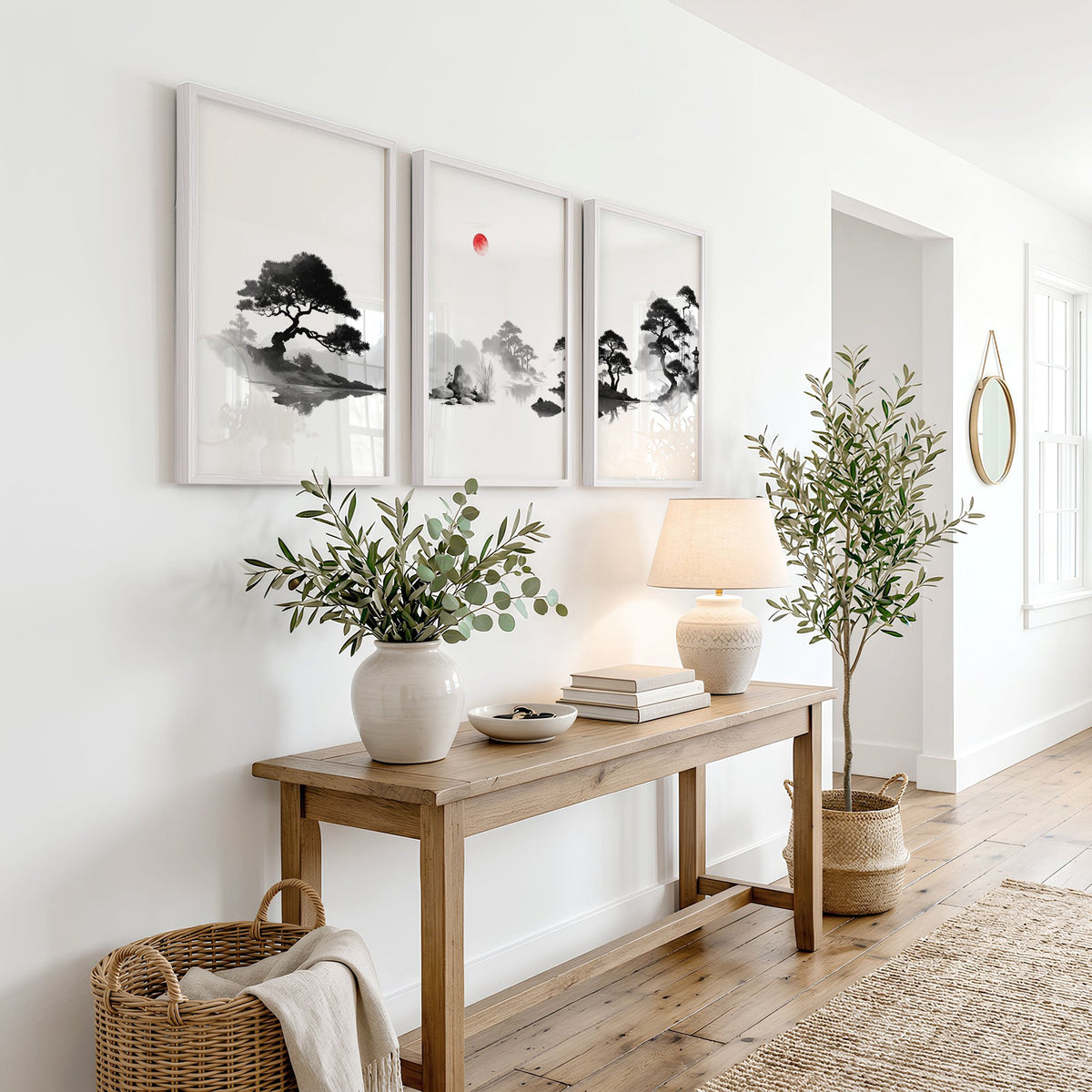 Art Landscape Painting Japanese Ink Wash Black White Red Sun Zen displayed on a wall in a styled room — view 4