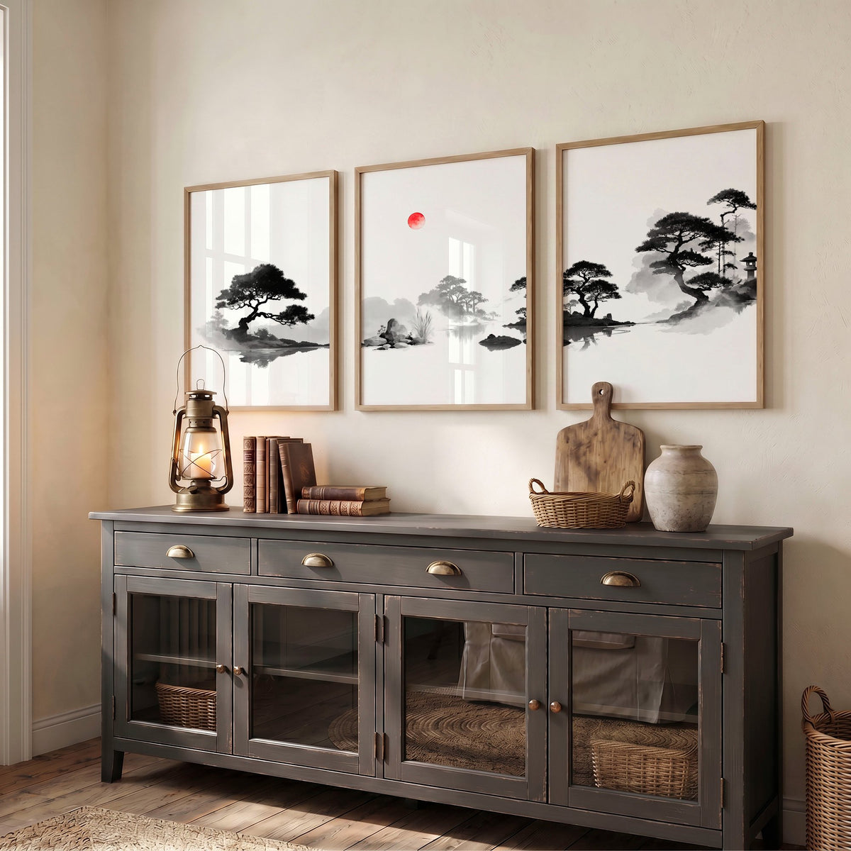 Art Landscape Painting Japanese Ink Wash Black White Red Sun Zen displayed on a wall in a styled room — view 5