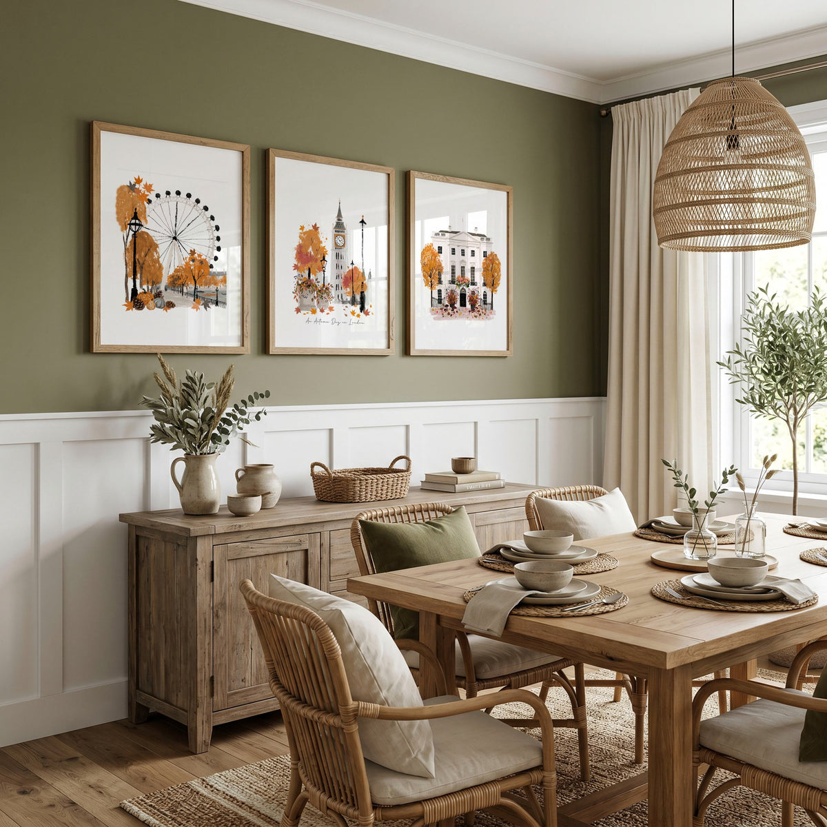 Art London Skyline "An Autumn Day in London" White & Orange Watercolour wall art displayed on a wall in a styled room