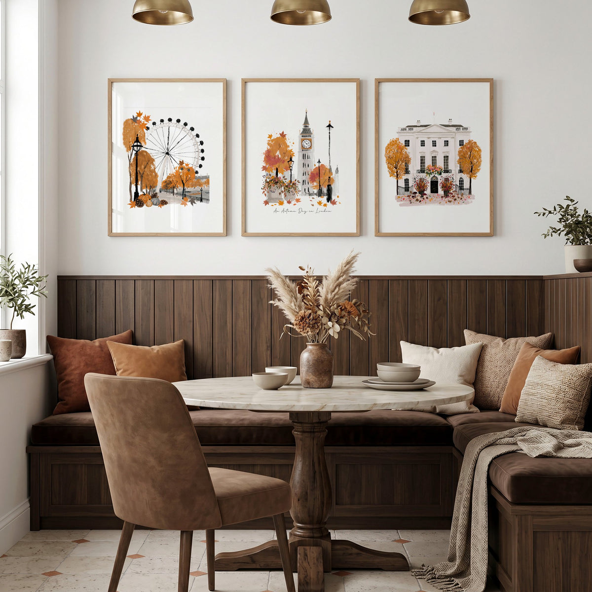 Art London Skyline "An Autumn Day in London" White & Orange Watercolour wall art displayed on a wall in a styled room — view 3
