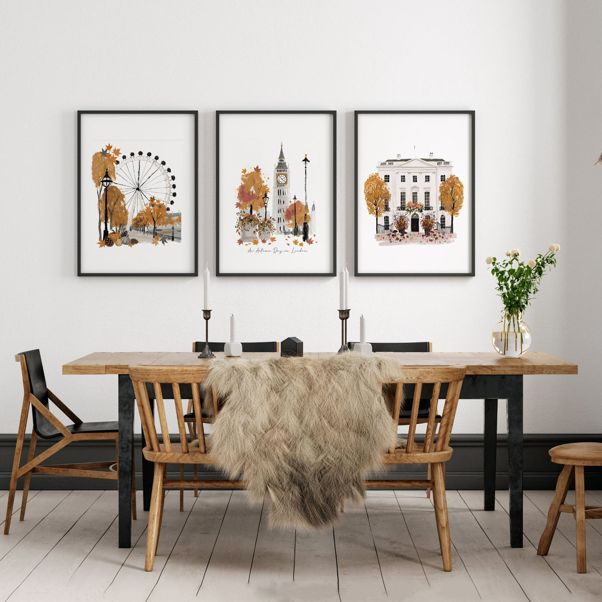 Art London Skyline "An Autumn Day in London" White & Orange Watercolour wall art displayed on a wall in a styled room — view 5
