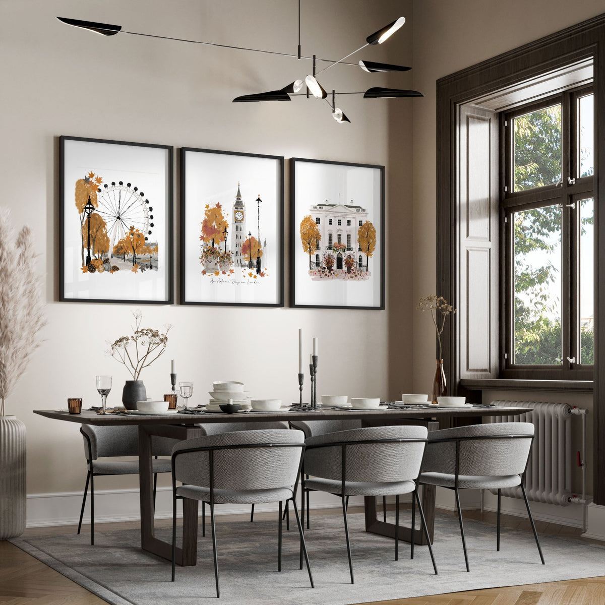 Art London Skyline "An Autumn Day in London" White & Orange Watercolour wall art displayed on a wall in a styled room — view 6