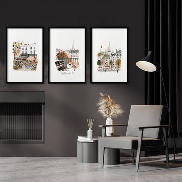 Paris Travel Art Pieces for Wall | Beige, Coral & Grey Illustrated Scenes | "Les Petits Plaisirs de la Vie" displayed on a wall in a styled room