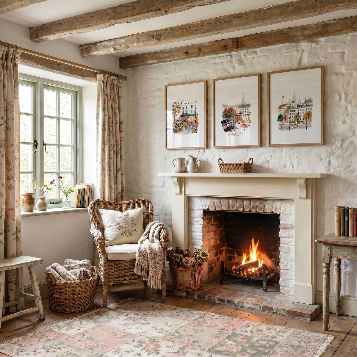 Paris Travel Art Pieces for Wall | Beige, Coral & Grey Illustrated Scenes | "Les Petits Plaisirs de la Vie" displayed on a wall in a styled room — view 3