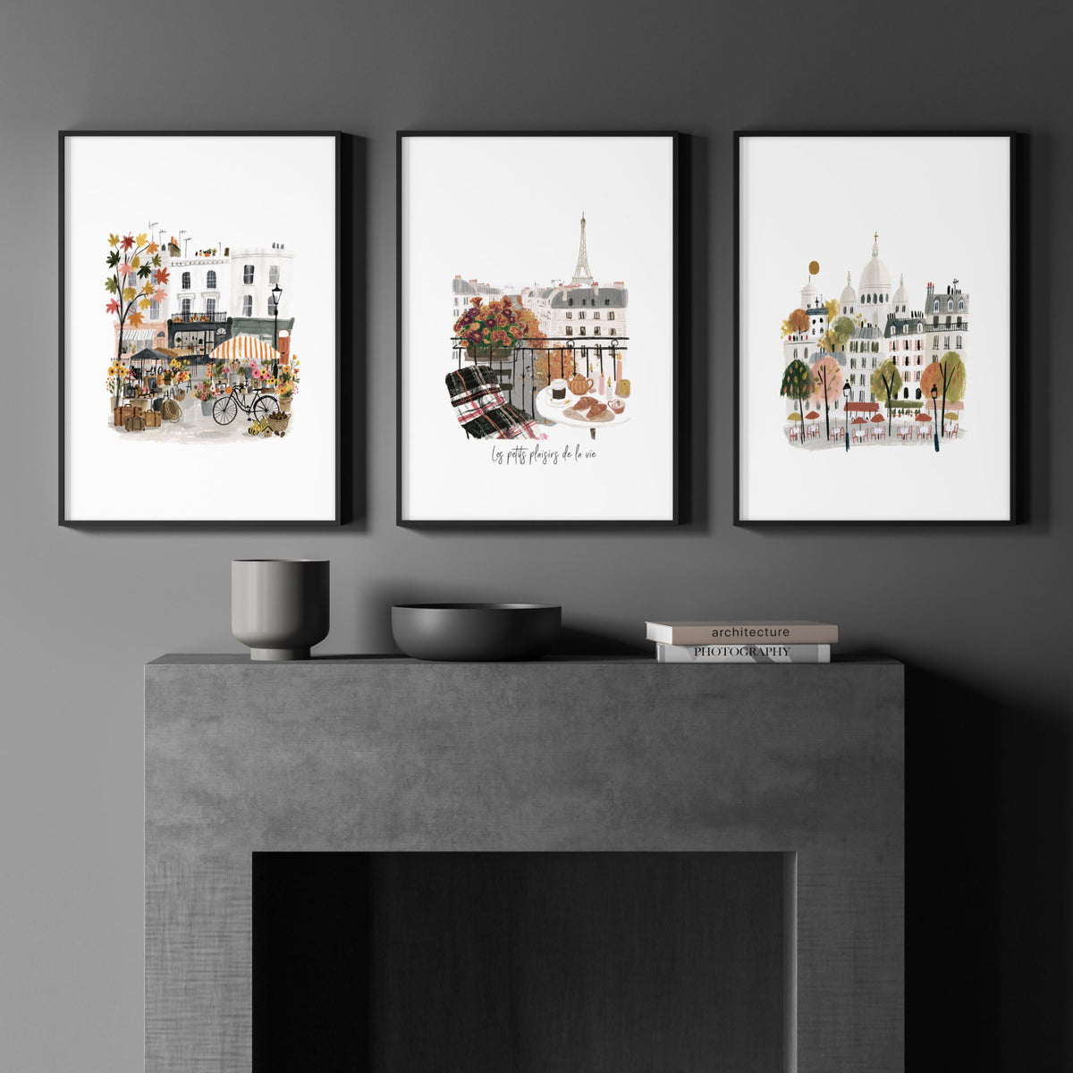 Paris Travel Art Pieces for Wall | Beige, Coral & Grey Illustrated Scenes | "Les Petits Plaisirs de la Vie" displayed on a wall in a styled room — view 5