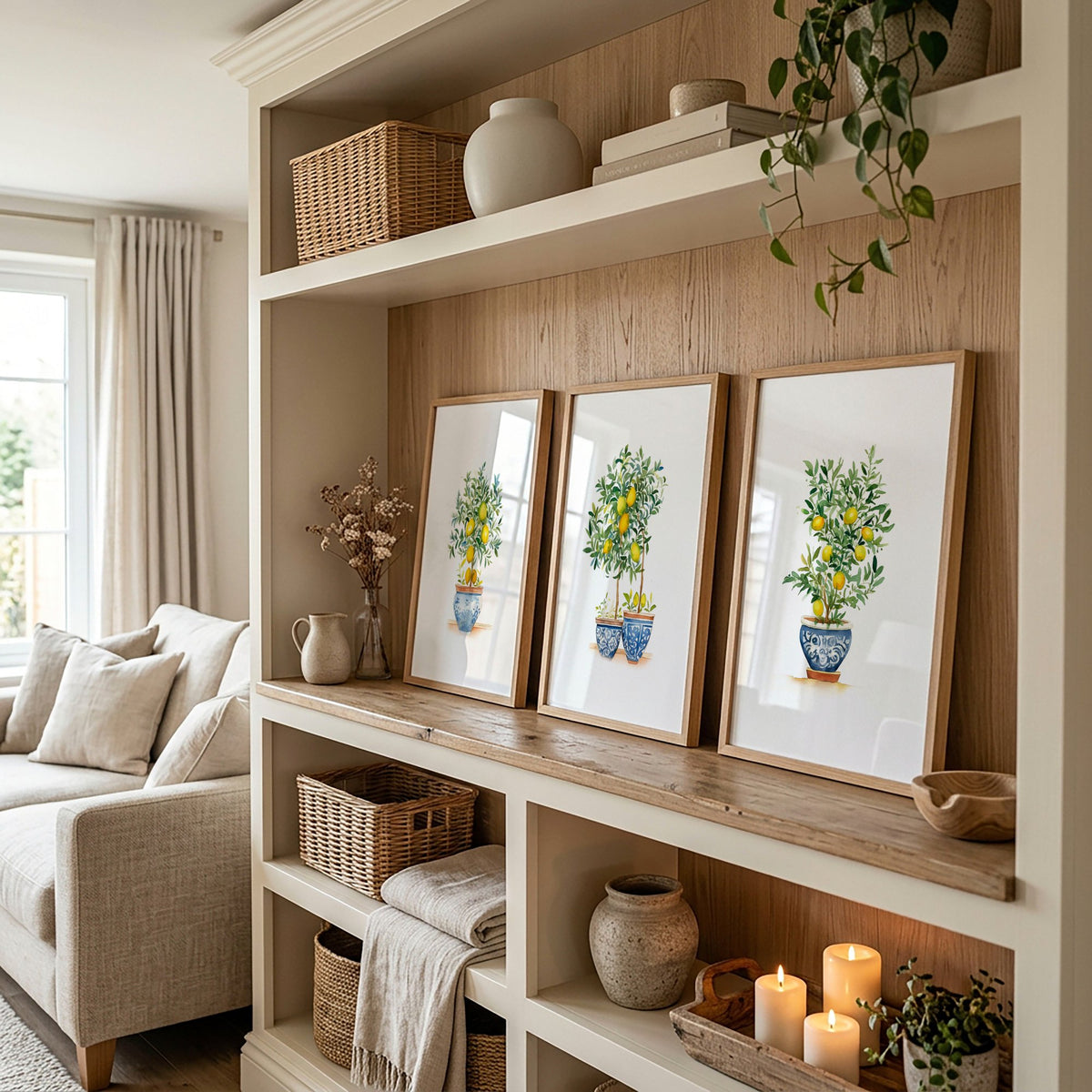 Art wall art Green Lemon Tree Watercolour | French Country Mediterranean Wall Art displayed on a wall in a styled room — view 3