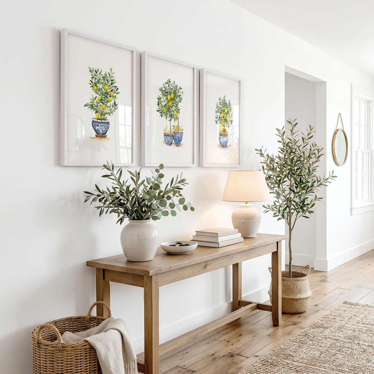 Art wall art Green Lemon Tree Watercolour | French Country Mediterranean Wall Art displayed on a wall in a styled room — view 4