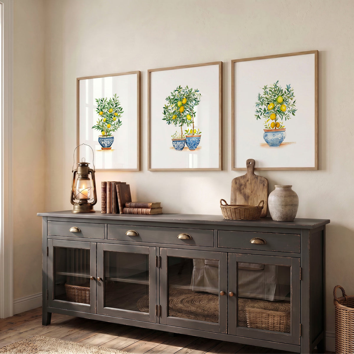 Art wall art Green Lemon Tree Watercolour | French Country Mediterranean Wall Art displayed on a wall in a styled room — view 5