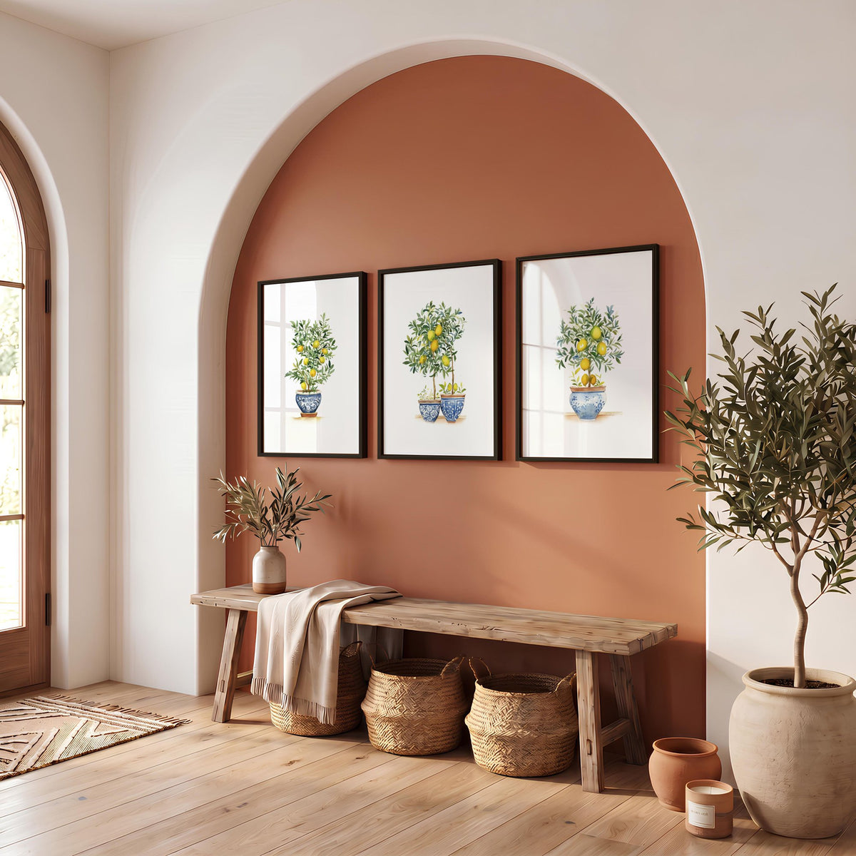 Art wall art Green Lemon Tree Watercolour | French Country Mediterranean Wall Art displayed on a wall in a styled room — view 9