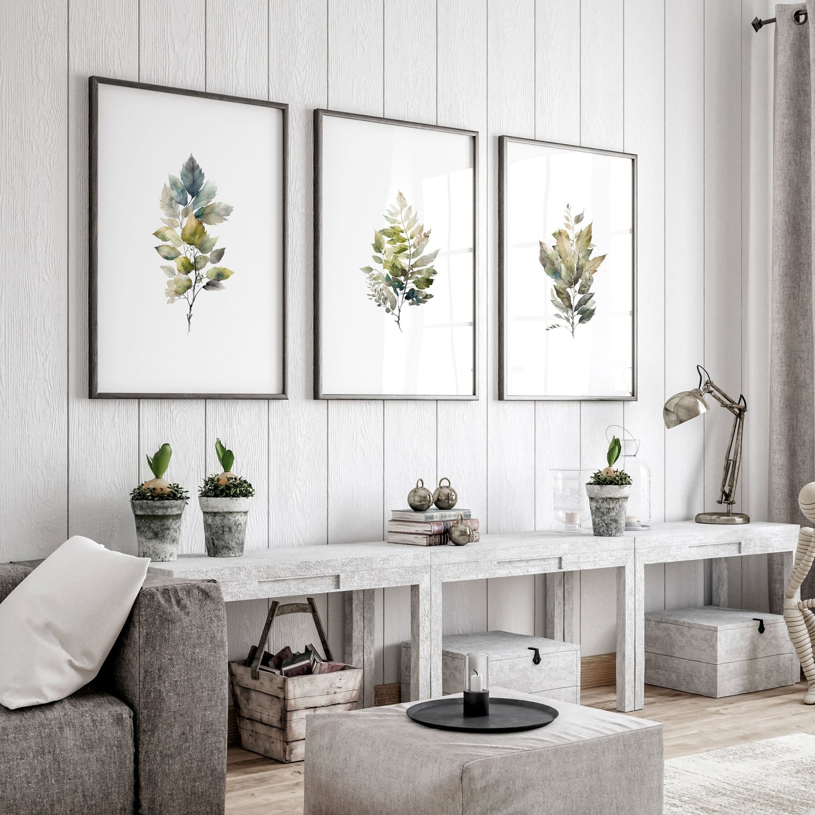 Framed botanical wall art displayed in bright modern Scandinavian living room