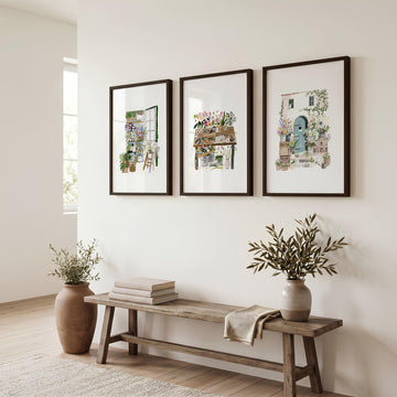Art wall art Green Cottage Flower Shop Illustrated Floral Wall Art displayed on a wall in a styled room
