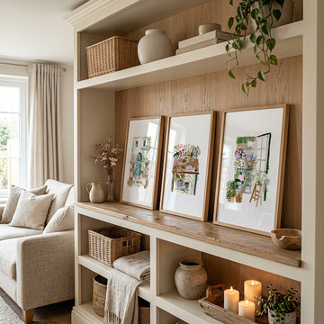Art wall art Green Cottage Flower Shop Illustrated Floral Wall Art displayed on a wall in a styled room — view 3