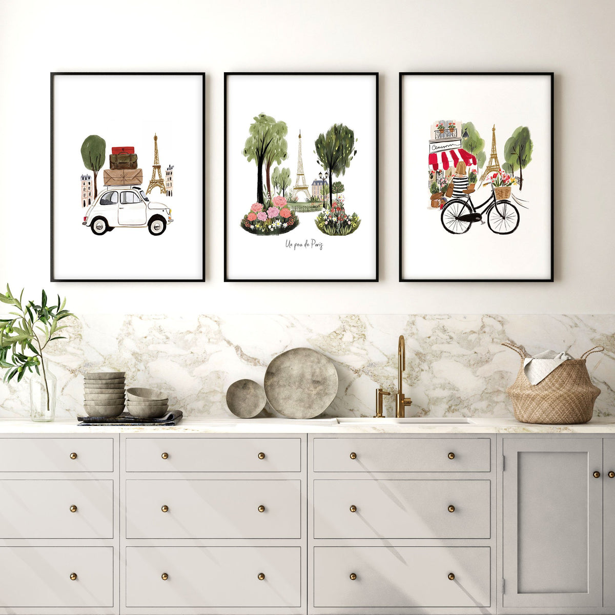 Paris Eiffel Tower Travel Art wall art Kitchen | "Un peu de Paris" Watercolour Set of 3 displayed on a wall in a styled room — view 2