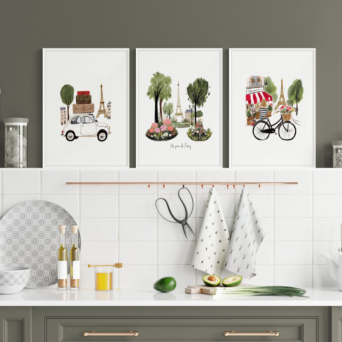 Paris Eiffel Tower Travel Art wall art Kitchen | "Un peu de Paris" Watercolour Set of 3 displayed on a wall in a styled room — view 3