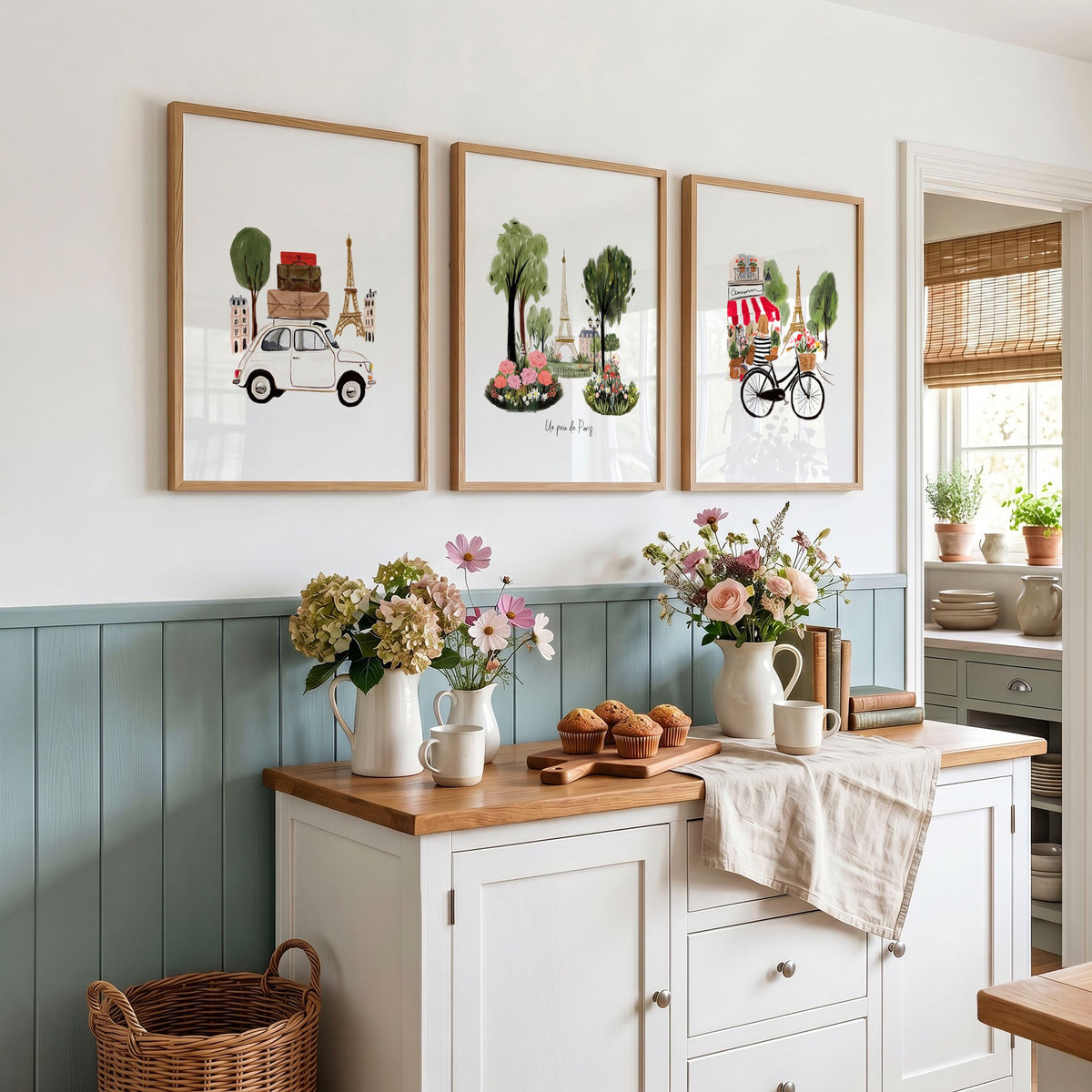 Paris Eiffel Tower Travel Art wall art Kitchen | "Un peu de Paris" Watercolour Set of 3 displayed on a wall in a styled room — view 5