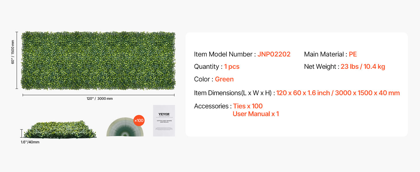 VEVOR Artificial Grass Wall Panels 40/60 x 120in Milan Grass Greenery Boxwood Panel for Outdoor Decor Hedge Screen for Garden