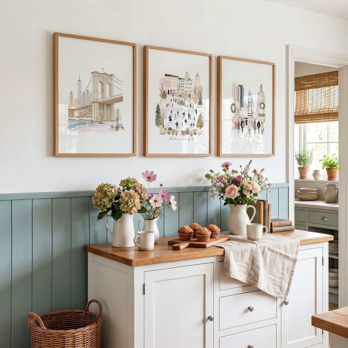 Artwork for a Kitchen "Winter in New York" NYC Travel wall art displayed on a wall in a styled room — view 2