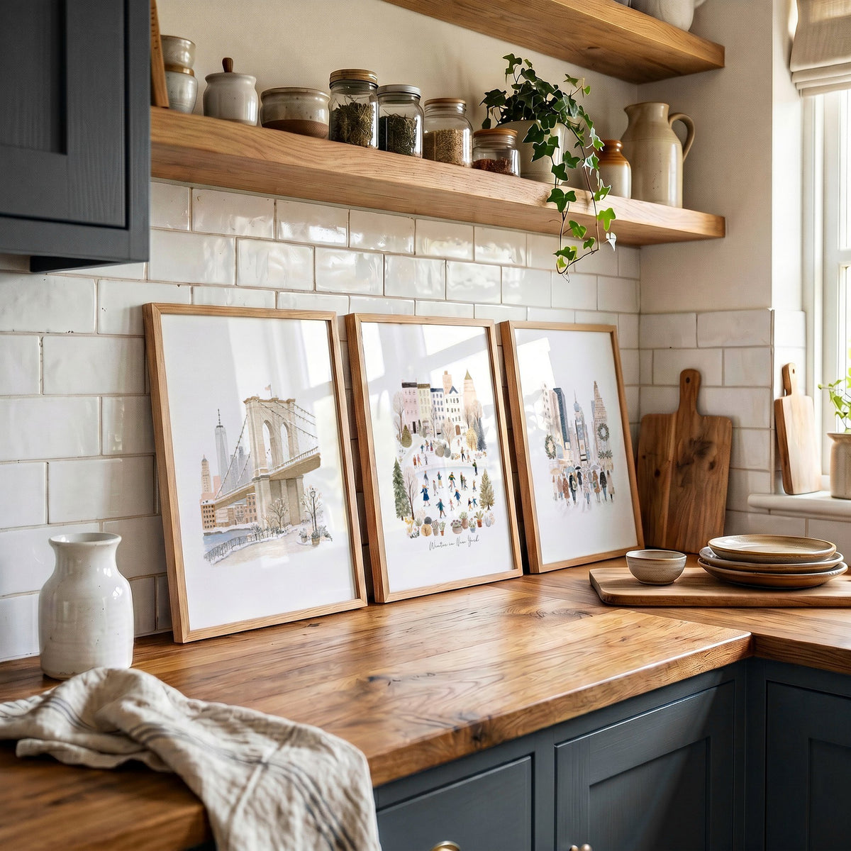 Artwork for a Kitchen "Winter in New York" NYC Travel wall art displayed on a wall in a styled room — view 3