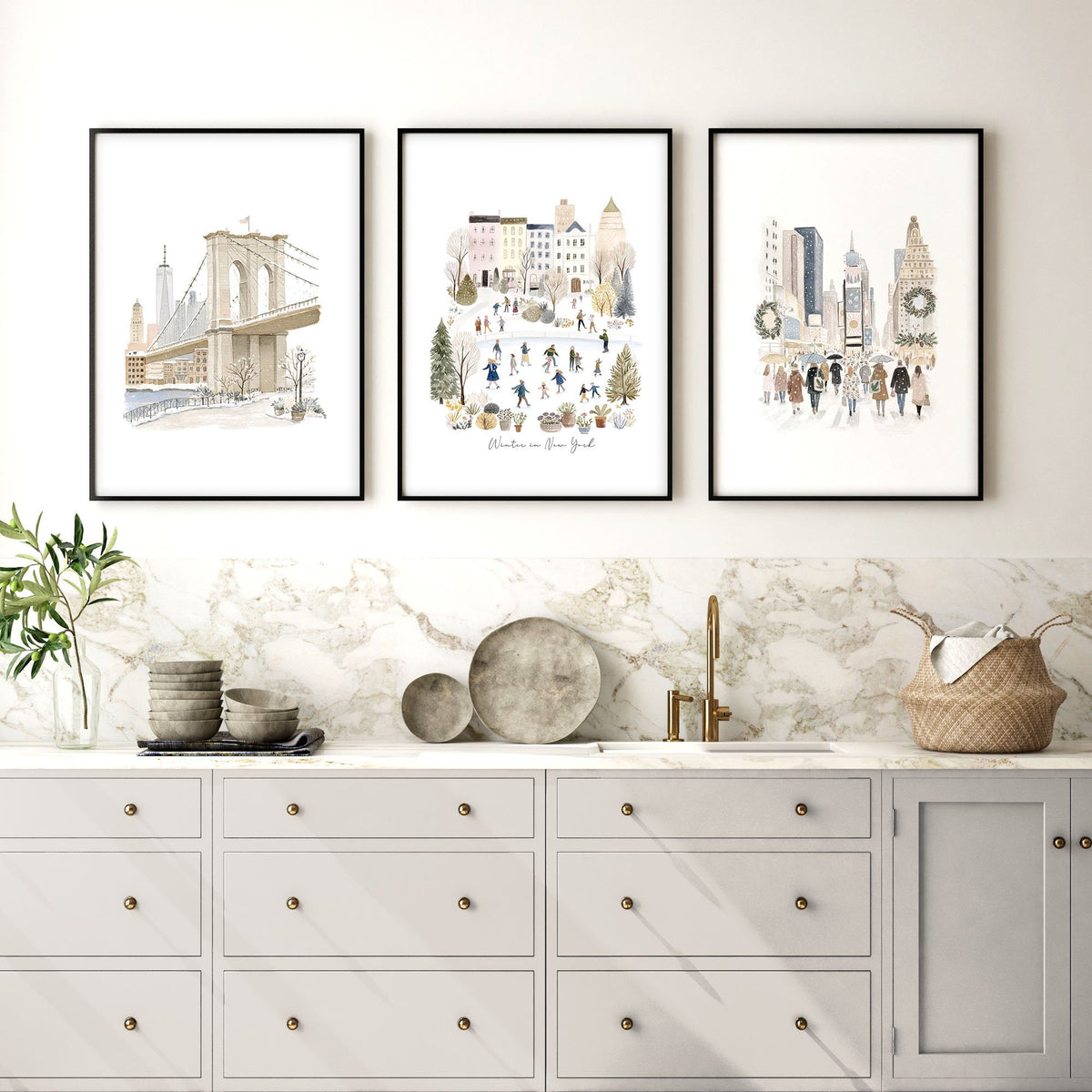 Artwork for a Kitchen "Winter in New York" NYC Travel wall art displayed on a wall in a styled room — view 5