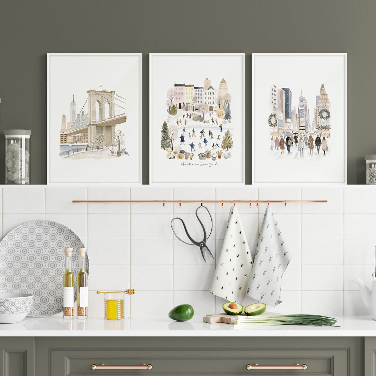 Artwork for a Kitchen "Winter in New York" NYC Travel wall art displayed on a wall in a styled room — view 6