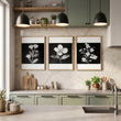 Artwork for a Kitchen Wall Black & White Botanical Floral wall art displayed on a wall in a styled room