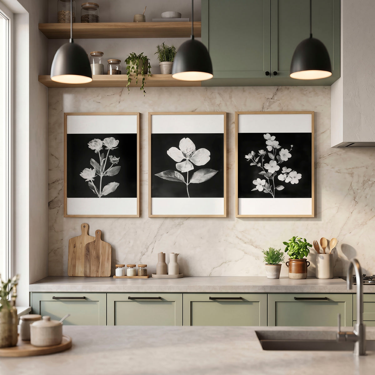 Artwork for a Kitchen Wall Black & White Botanical Floral wall art displayed on a wall in a styled room