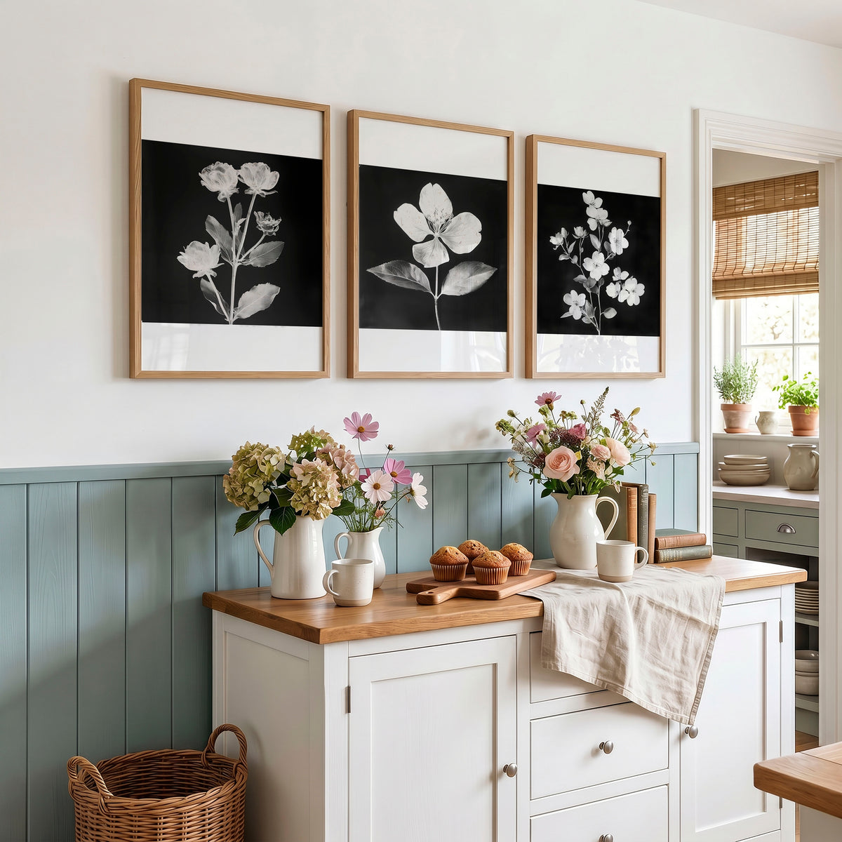Artwork for a Kitchen Wall Black & White Botanical Floral wall art displayed on a wall in a styled room — view 2