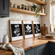 Artwork for a Kitchen Wall Black & White Botanical Floral wall art displayed on a wall in a styled room — view 3