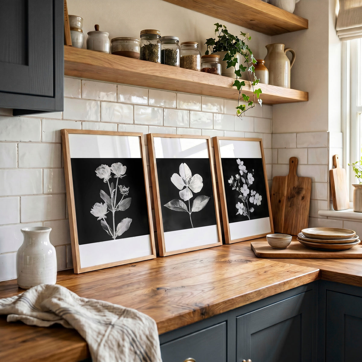 Artwork for a Kitchen Wall Black & White Botanical Floral wall art displayed on a wall in a styled room — view 3