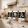 Artwork for a Kitchen Wall Black & White Botanical Floral wall art displayed on a wall in a styled room — view 4