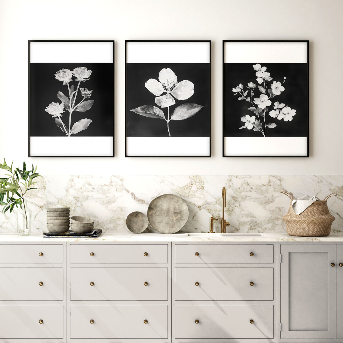 Artwork for a Kitchen Wall Black & White Botanical Floral wall art displayed on a wall in a styled room — view 5