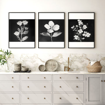 Artwork for a Kitchen Wall Black & White Botanical Floral wall art displayed on a wall in a styled room — view 5