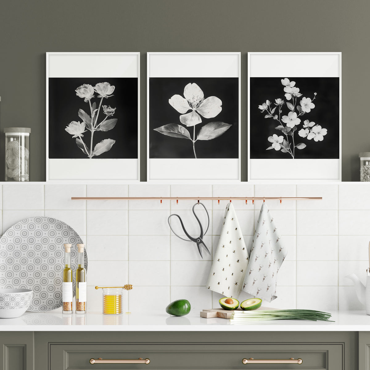Artwork for a Kitchen Wall Black & White Botanical Floral wall art displayed on a wall in a styled room — view 6