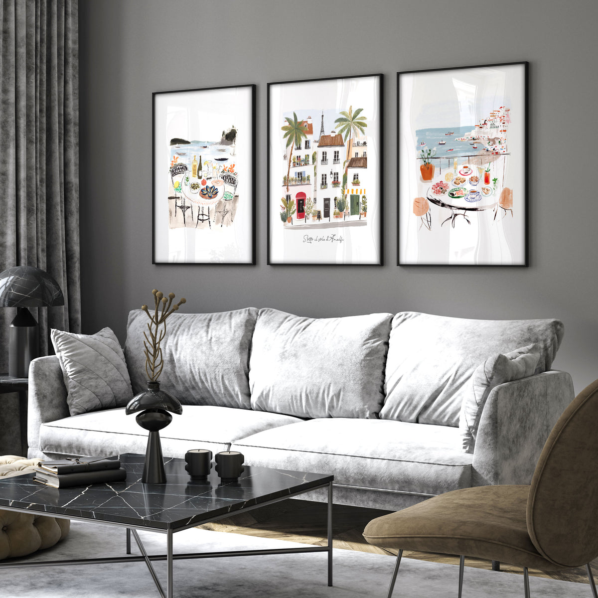 Artwork for a Living Room Mediterranean Coastal Watercolour "Sotto il sole di Amalfi" displayed on a wall in a styled room — view 3