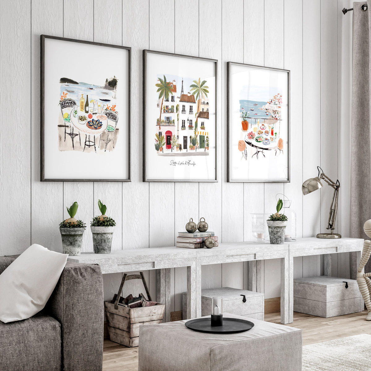 Artwork for a Living Room Mediterranean Coastal Watercolour "Sotto il sole di Amalfi" displayed on a wall in a styled room — view 4