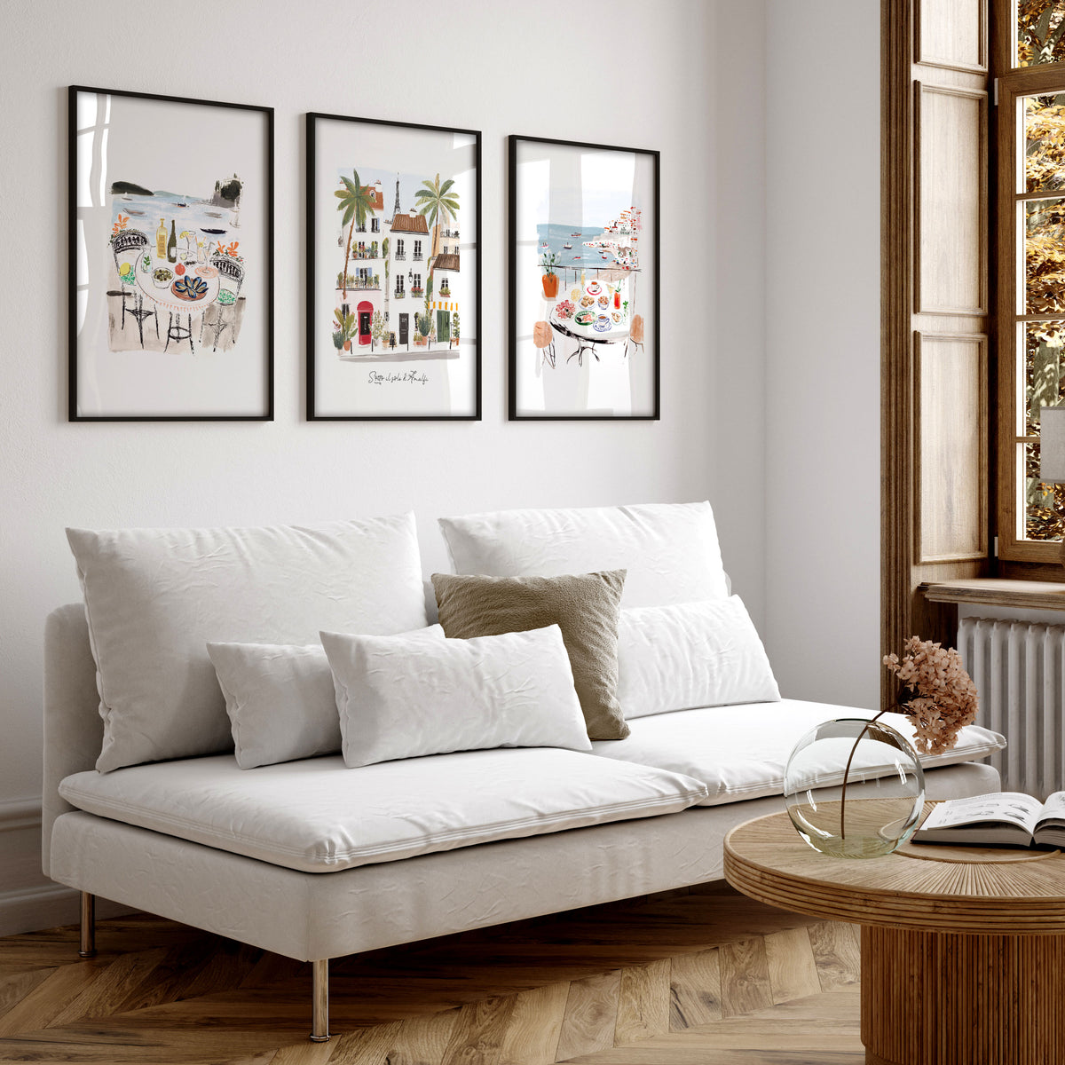 Artwork for a Living Room Mediterranean Coastal Watercolour "Sotto il sole di Amalfi" displayed on a wall in a styled room — view 5