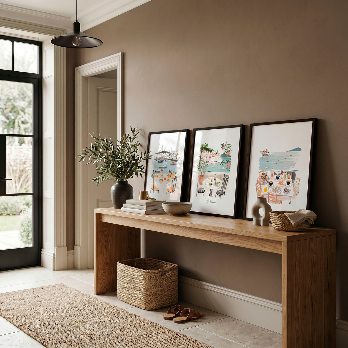 Artwork for Hallway Mediterranean Coastal Dining Scene wall art | "La Dolce Vita" displayed on a wall in a styled room — view 10