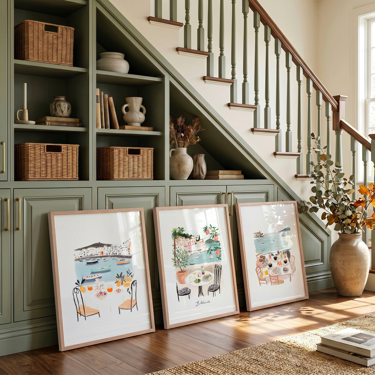 Artwork for Hallway Mediterranean Coastal Dining Scene wall art | "La Dolce Vita" displayed on a wall in a styled room — view 2