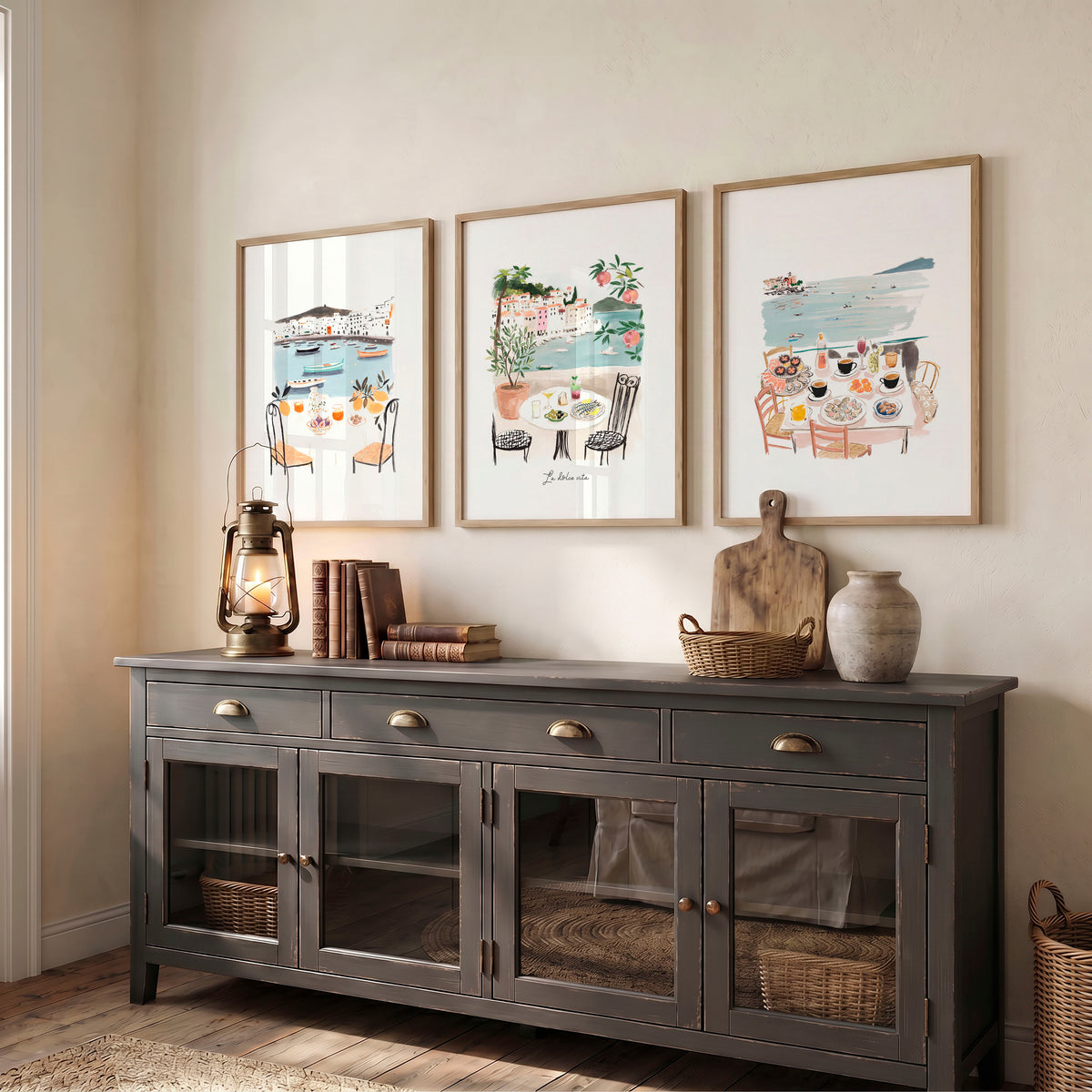 Artwork for Hallway Mediterranean Coastal Dining Scene wall art | "La Dolce Vita" displayed on a wall in a styled room — view 5