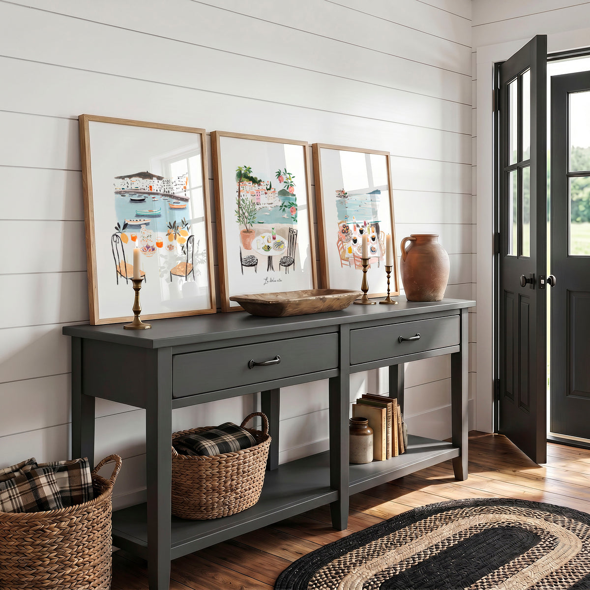 Artwork for Hallway Mediterranean Coastal Dining Scene wall art | "La Dolce Vita" displayed on a wall in a styled room — view 6