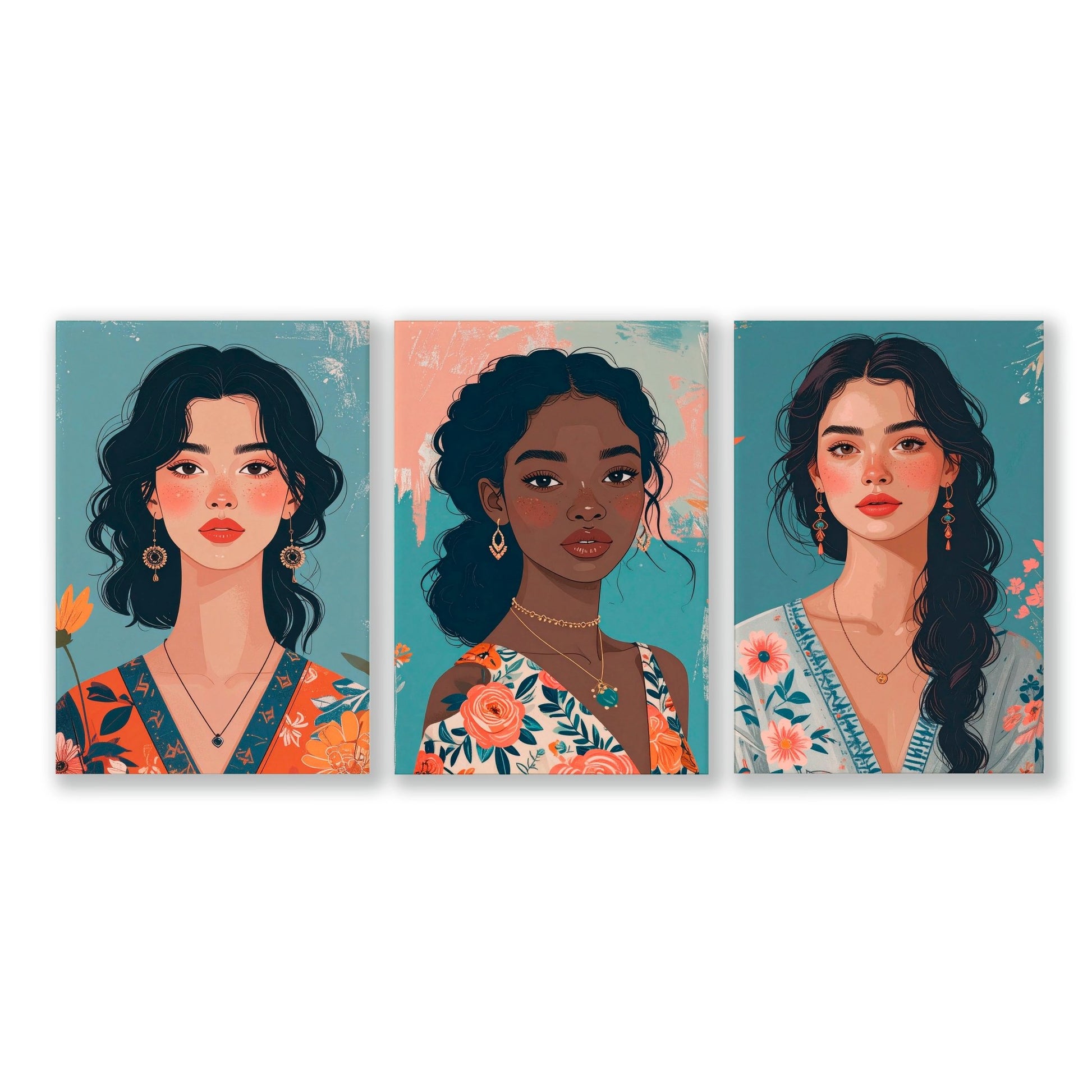 Artwork For Living Room Walls | Set of 3 Boho Women Wall art Prints