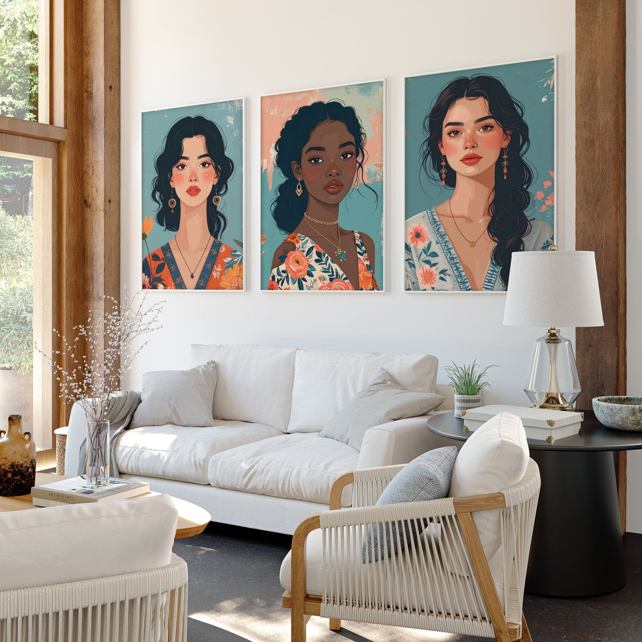Artwork For Living Room Walls | Set of 3 Boho Women Wall art Prints