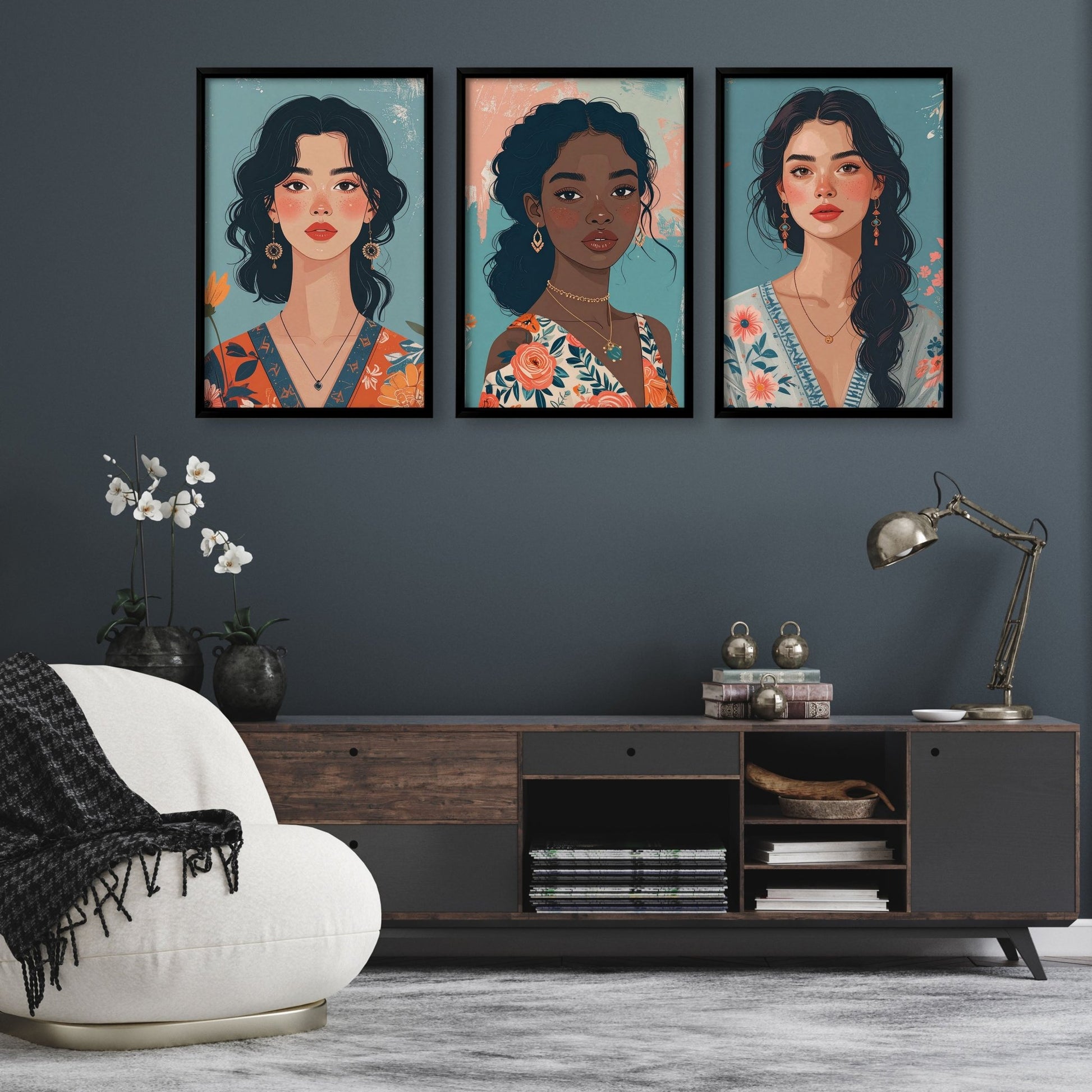 Artwork For Living Room Walls | Set of 3 Boho Women Wall art Prints