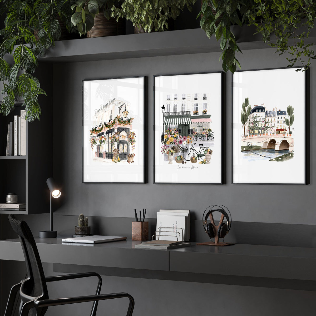 Artwork London "London in Bloom" Travel wall art displayed on a wall in a styled room