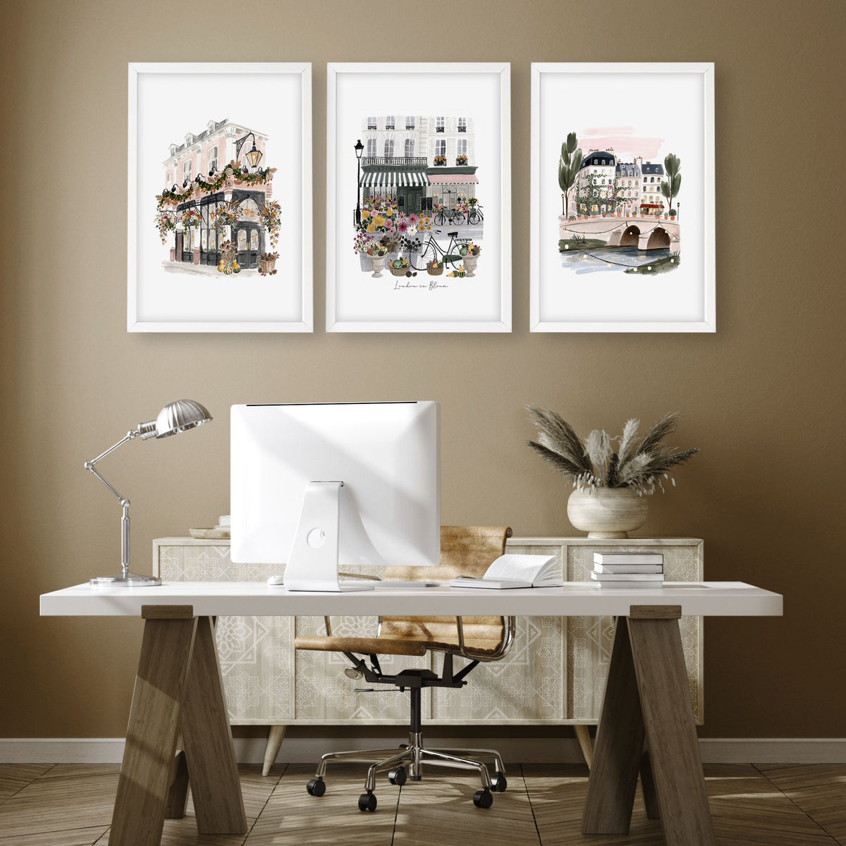 Artwork London "London in Bloom" Travel wall art displayed on a wall in a styled room — view 3