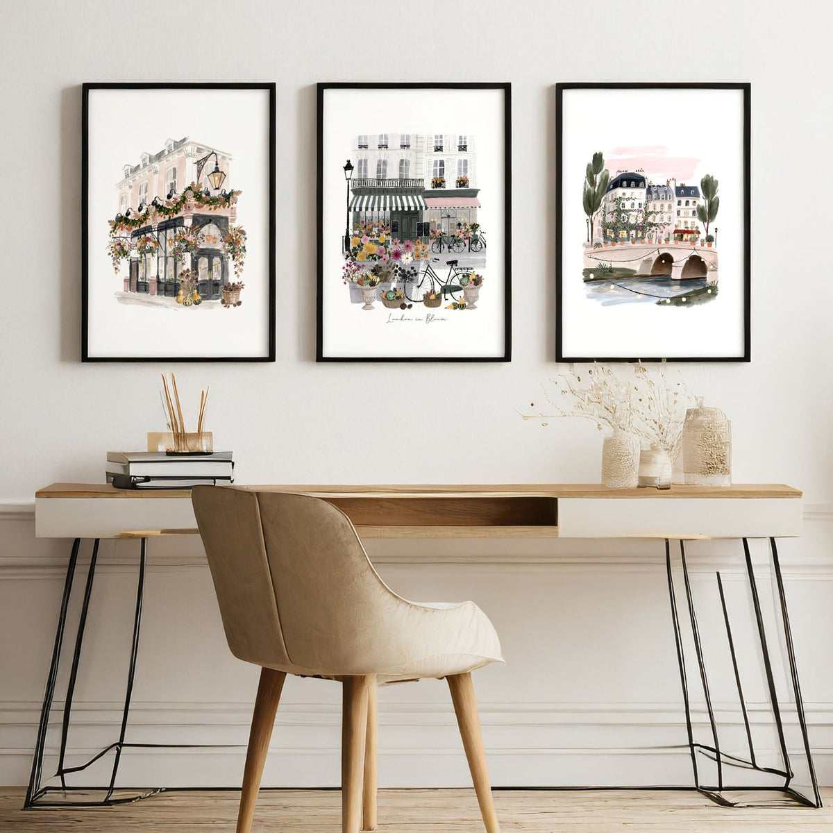 Artwork London "London in Bloom" Travel wall art displayed on a wall in a styled room — view 4