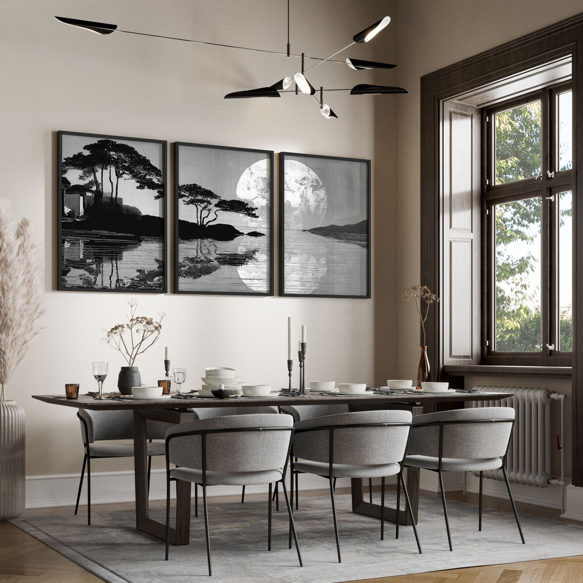 Asian Painting Japanese Moonrise Silhouette Grey & Black wall art displayed on a wall in a styled room